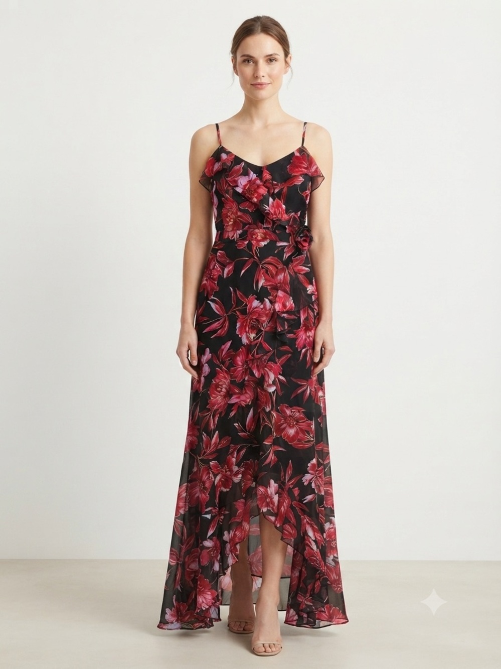 Kate and Lily Women 8 Dress Black Red Floral Ruffle Asymmetric Maxi Cocktail